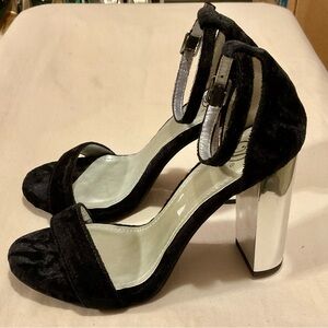 Heart in D Chic Black Velvet Heels with Shiny Silver Block Heel